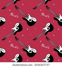 Music pattern with guitar. Seamless pattern with guitar on pink background. Black and white guitar endless pattern. Printing pattern for textiles, wrapping paper, etc.