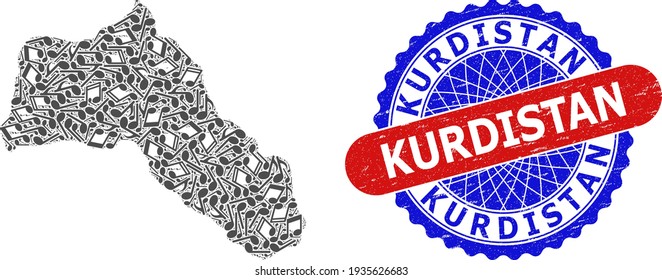 Patrón de música para el mapa de Kurdistán y sello de goma texturada de color