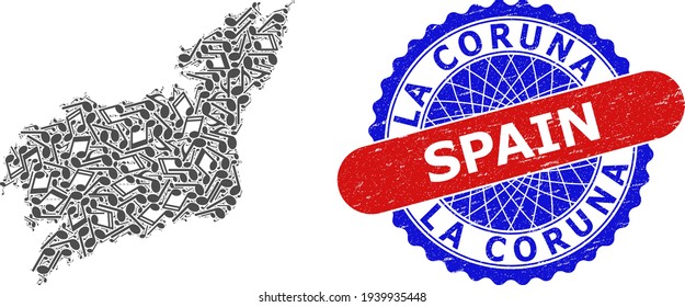Music Pattern for La Coruna Province Map and Bicolor Textured Seal Stamp