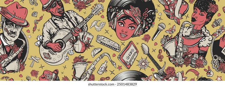 Music pattern. Multicultural art. Musicians lifestyle. Blues, funk, soul and jazz musical background. African American funky girl, bluesman playing slide guitar, beautiful black woman and saxophone