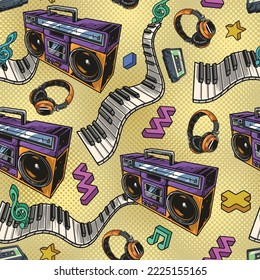 Music pattern seamless colorful vintage acoustic headphones and stereo tape recorder with piano keys among musical notes vector illustration