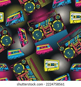 Music pattern seamless vintage colorful stereo recorders with speakers and radio antennas and audio cassettes for disco parties vector illustration