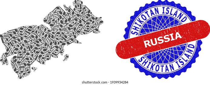 Music Pattern for Shikotan Island Map and Bicolor Distress Seal Stamp