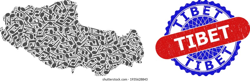 Music Pattern for Tibet Map and Bicolor Distress Stamp Badge