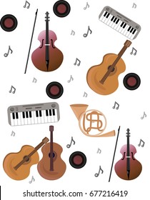 Music pattern Vector background. Earphones sign melody pattern. Teenage rock background textures, musical hand drawn doodle style. Guitar with wings, stereo, record. Studio sound