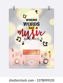 Music pattern vector sound system audio acoustic equipment stereo technology sound-record with headphones backdrop illustration electronic bass studio background.