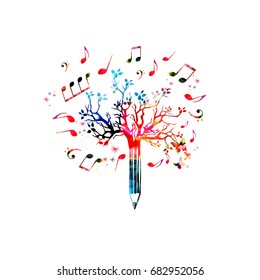 Music pencil tree design. Colorful pencil tree vector illustration with music notes isolated