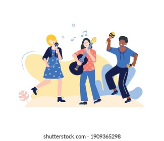 Music people composition with flat human characters of musicians playing musical instruments vector illustration
