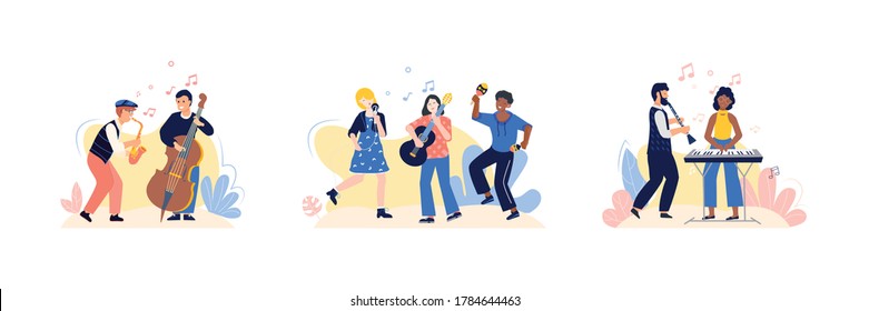 Music people compositions set with flat human characters of musicians playing musical instruments on blank background vector illustration