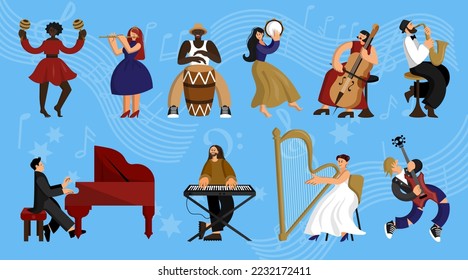 Music people. Doodle musician concert. Saxophone and jazz instruments. Men play drum and piano. Funny drawing. Women with maracas and flute. Vector concept current musical characters set