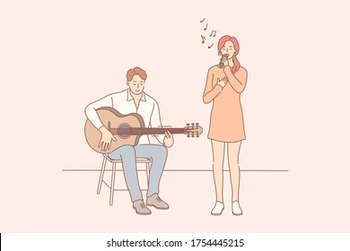 Music, perfomance, duet concept. Young woman boy artist with microphone and man boy guitar player stand on stage singing songs together. Jazz concert or pop party and musical vocal debut illustration.