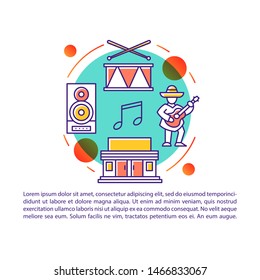 Music performance article page vector template. Festival, concert. Brochure, magazine, booklet design element with linear icons and text boxes. Print design. Concept illustrations with text space