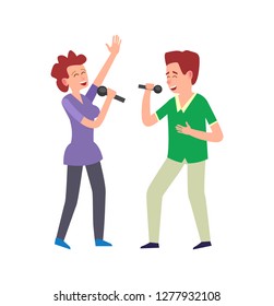 Music performance by duo, couple man and woman vector. People singing, adults holding microphones expressing emotions. Vocals vocalists singers together