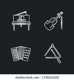 Music performance chalk white icons set on black background. Orchestral musical instruments. Classical music performance. Live concert, play melody. Isolated vector chalkboard illustrations