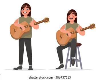 Music performance. Guitarist man is playing on an acoustic guitar and singing a song Stock illustration in cartoon style