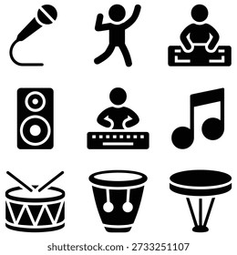 Music performance icons microphone dancing figure