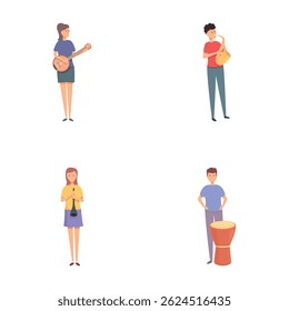 Music performance icons set cartoon vector. People playing musical instrument. Performance, rehearsal