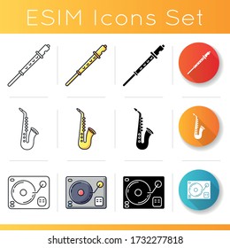 Music performance icons set. Flute to play melody. Saxophone to perform jazz. DJ equipment for party. Song mixer electronic gear. Linear, black and RGB color styles. Isolated vector illustrations