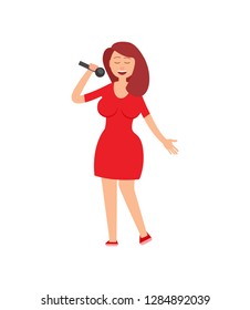 Music performance, lady holding mike in hands vector. Concert performer dressed in red clothes, woman singing at karaoke club, vocalist female with mic