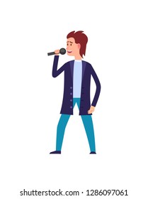 Music performance, male singer wearing suit isolated vector. Man in formal wear singing, moving dancing character with microphone, person vocalist