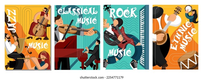 Music performance. Nature jazz dance party. Summer festival. Autumn or spring concert. Singers and musicians instruments. Live band show. Orchestra current posters. Vector banners set