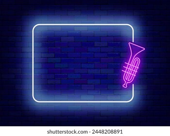 Music performance neon advertising. Saxophone symbol and empty frame. Music listening and record studio. Jazz concert event. Copy space. Glowing banner. Editable stroke. Vector stock illustration