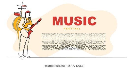 music performance poster template design.music festival banner.musical background with line art objects of people carrying musical instruments.