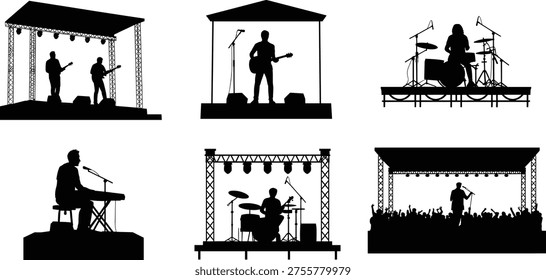 Music performance silhouette set with guitar, drums, keyboard, singer on stage, live concert vector illustration, black white design