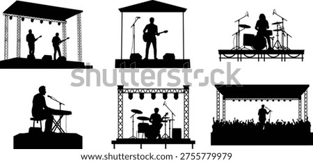 Music performance silhouette set with guitar, drums, keyboard, singer on stage, live concert vector illustration, black white design