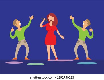 Music performance, singer with microphone and dancers vector. Dancing people male glad to listen to lady vocals. Solo artist musician and dancing fans