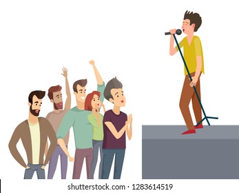 Music performance singer on stage singing songs vector. Crowd of fans female and male people shouting, admirer looking at artist, holding microphone
