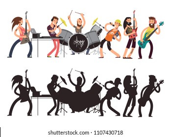 Music performance with young musicians. Rock concert vector flat concept. Set of cartoon characters and musician silhouettes. Illustration of drummer and band