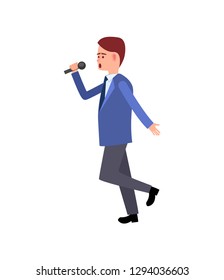 Music performer, male with mike dancing and gesturing vector. Solo karaoke sound, movements of artistic person, character wearing suit, walking around