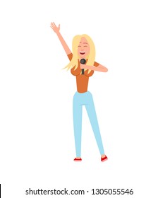 Music performer, person entertaining people isolated vector. Woman raising hands up, stretching arms, holding microphone and gesturing singing lady