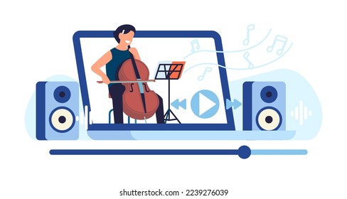 Music performer playing at online concert. Cellist performance web broadcast. Man with cello. Video player. Laptop screen. Blogger audio streaming. Musical instrument