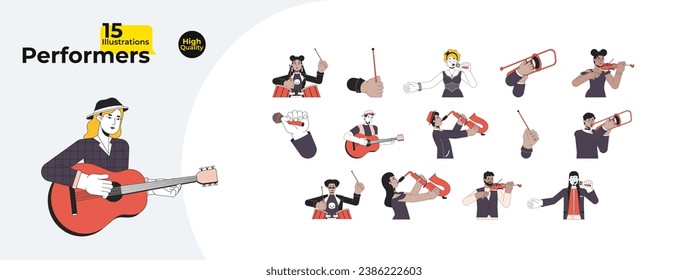 Music performers line cartoon flat illustration bundle. Musician musical instrument playing 2D lineart characters isolated on white background. Jazz classical concert vector color image collection