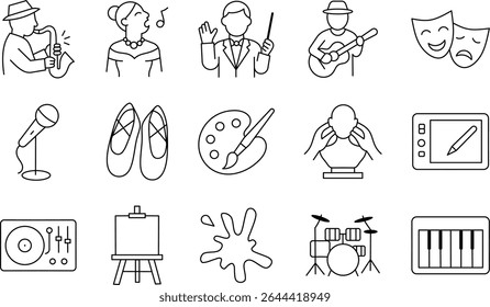 Ícones de Música e Artes Cênicas - Conjunto de Traços Editável com Teatro, Instrumentos e Elementos de Dança.