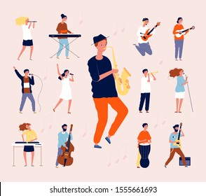 Music persons. Rock classical musical performing musicians singing and playing orchestra instruments guitar drum violin vector flat