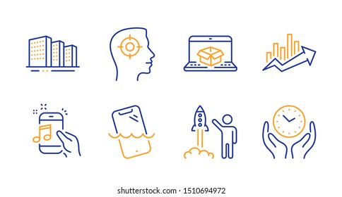 Music phone, Online delivery and Growth chart line icons set. Launch project, Recruitment and Buildings signs. Smartphone waterproof, Safe time symbols. Radio sound, Parcel tracking website. Vector