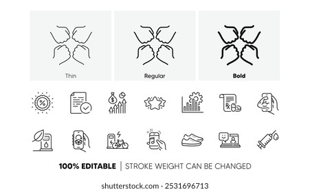 Music phone, Smile and Shoes line icons. Pack of Medical syringe, Electric bike, Petrol station icon. Star, Medical prescription, Discount pictogram. Salary, Squad, Delivery app. Line icons. Vector