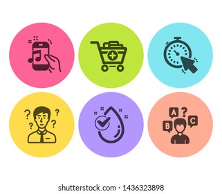 Music phone, Water drop and Support consultant icons simple set. Timer, Add products and Quiz test signs. Radio sound, Clean aqua. Business set. Flat music phone icon. Circle button. Vector