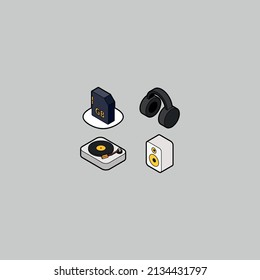 Music, Photo and Device isometric outline color icons.