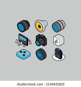 Music, Photo and Device isometric outline color icons.