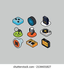Music, Photo and Device isometric outline color icons.