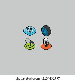 Music, Photo and Device isometric outline color icons.