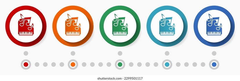 Music, piano concept vector icon set, infographic template, flat design colorful web buttons in 5 color options