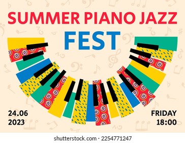 Afiche del festival de música, piano jazz. Clave abstracta para el concepto de fiesta de verano, portada del álbum, evento moderno. Teclado colorido de moda. Plantilla de banner de invitación. Ilustración de corriente de patrón de vector