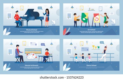 Music Piano Lesson, Art Drawing, Dance, Mental Arithmetic Courses Flat Banner Set. Cartoon Professional Teacher, Children, Adults Characters. Education, Creative Subjects. Vector Cartoon Illustration