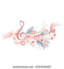 Music and pink flowers vector illustration. Cartoon isolated cute floral spring composition with treble clef and notes of symphony and wave of silk ribbon, romantic music melody for listening