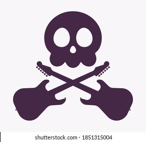 Music piracy icon, skull and electroguitars cross. Recordings and content illegal download, playing, copying or distributing, copyright infringement crime. Vector flat style cartoon illustration